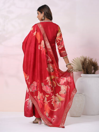 Floral Printed Jacquard Design Zari & Sequins Embroidered Kurta with Pants & Dupatta - Red