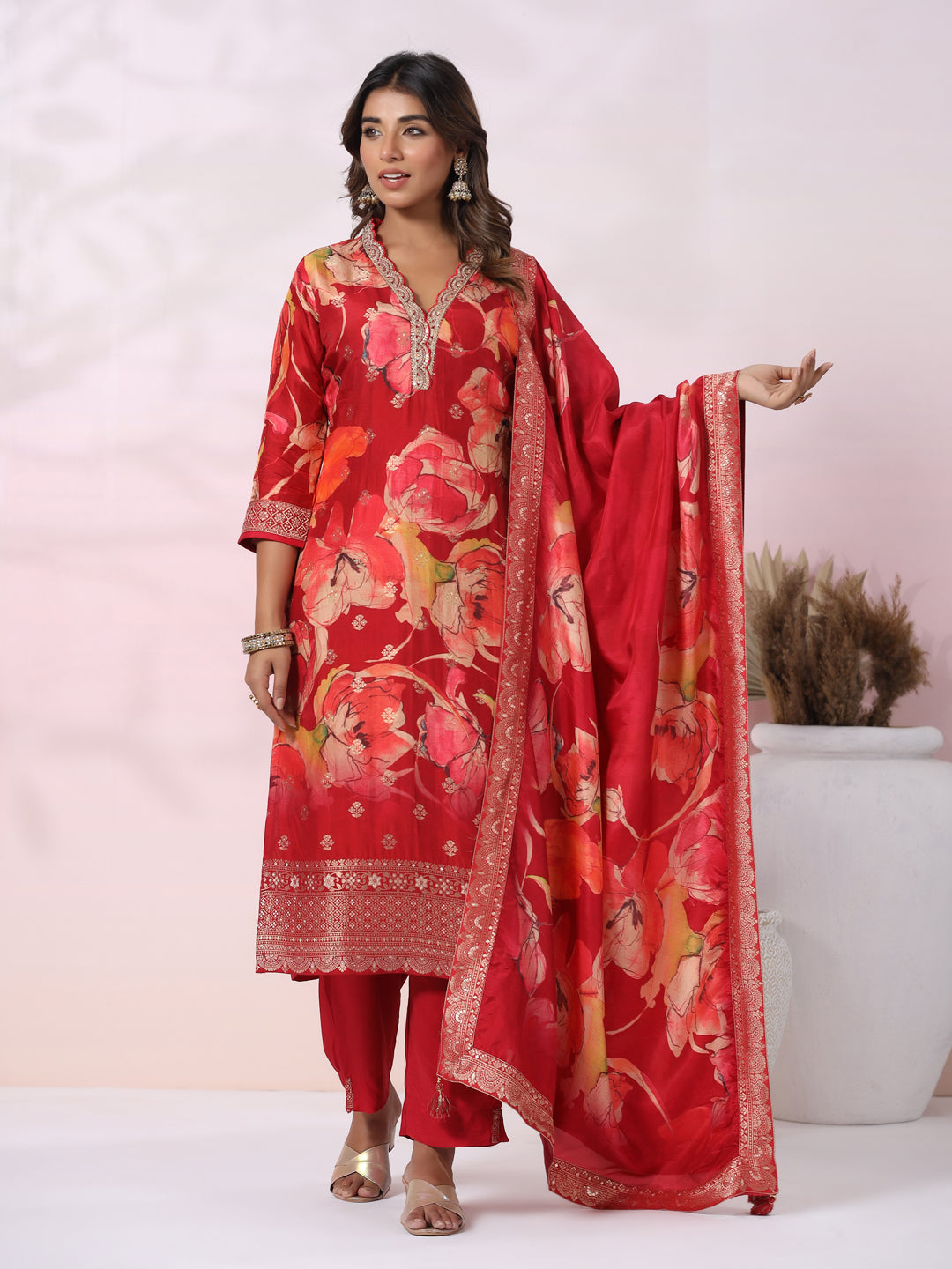 Floral Printed Jacquard Design Zari & Sequins Embroidered Kurta with Pants & Dupatta - Red