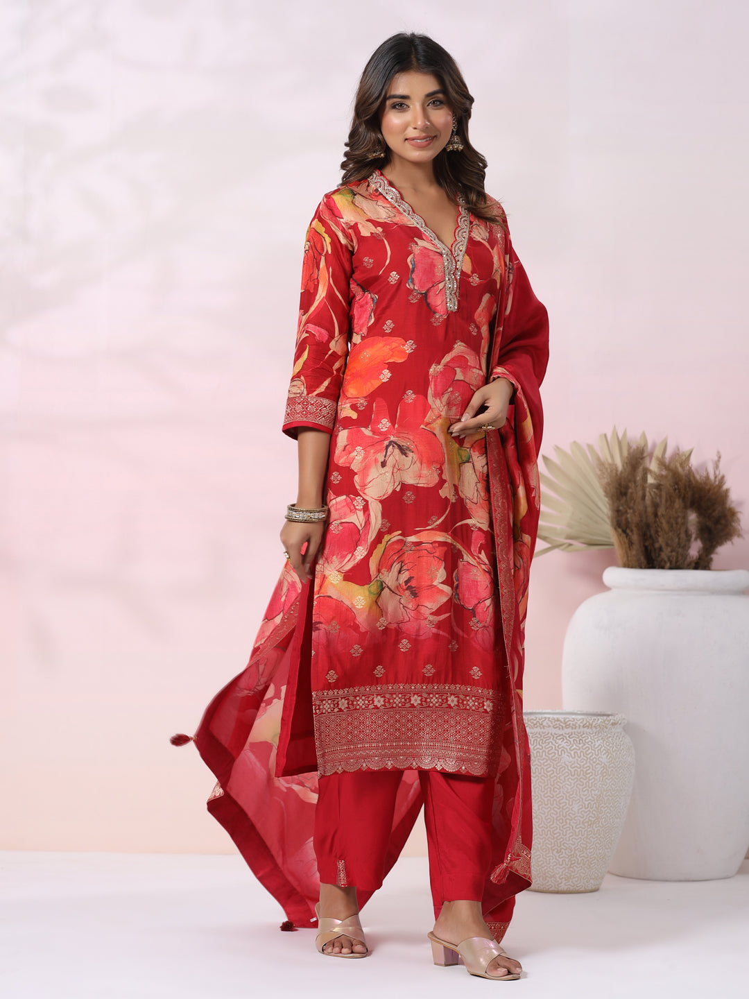 Floral Printed Jacquard Design Zari & Sequins Embroidered Kurta with Pants & Dupatta - Red