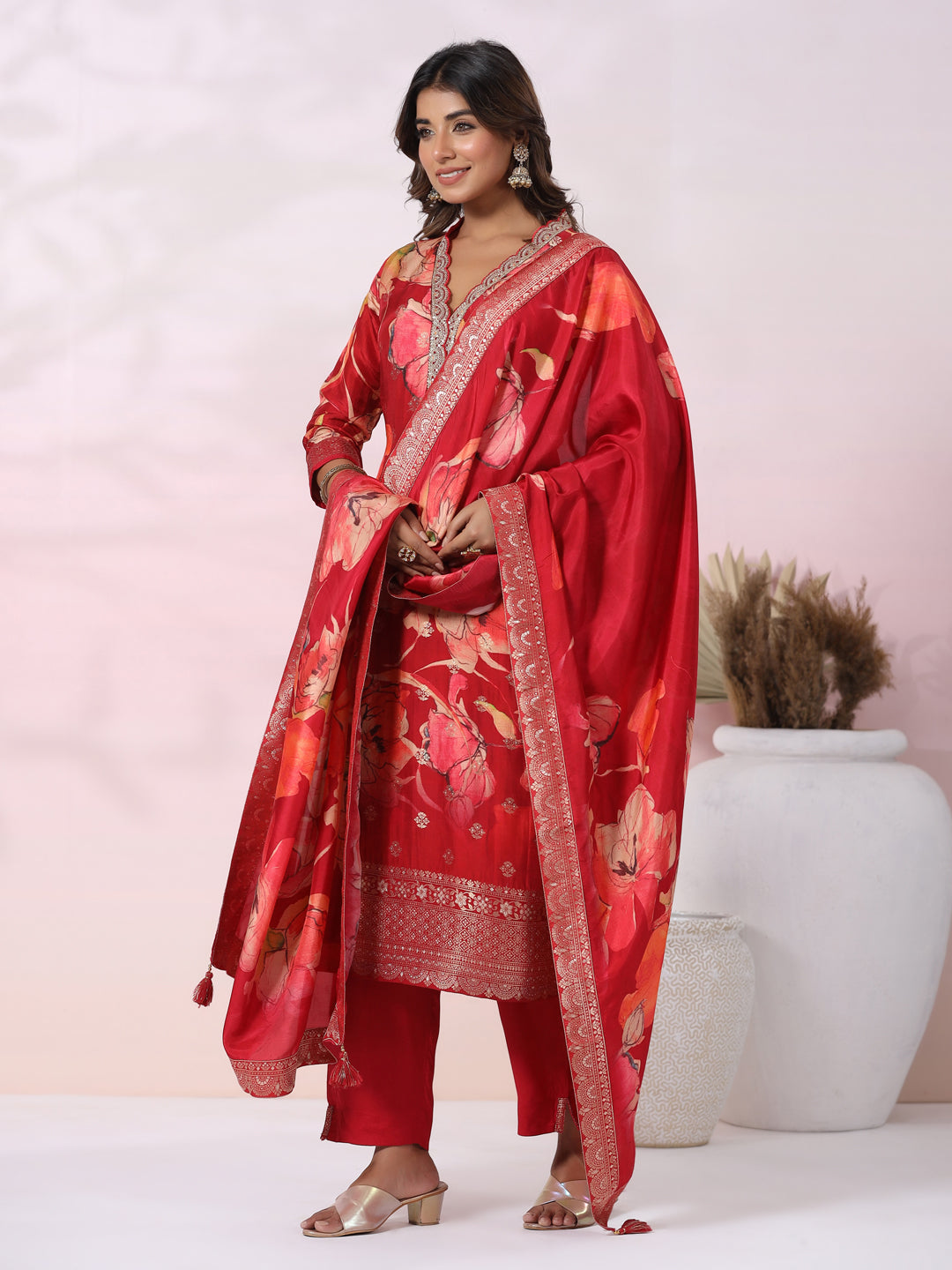 Floral Printed Jacquard Design Zari & Sequins Embroidered Kurta with Pants & Dupatta - Red