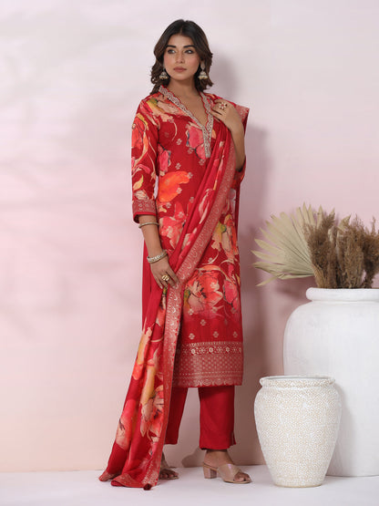 Floral Printed Jacquard Design Zari & Sequins Embroidered Kurta with Pants & Dupatta - Red