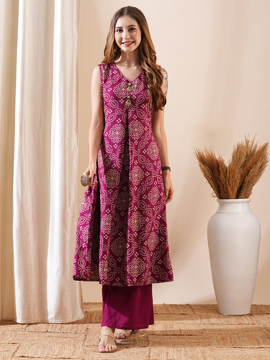 Bandhani Printed A-Line Flared Kurta with Palazzo - Burgundy