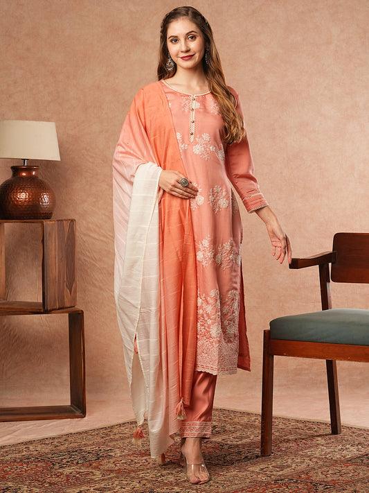 Solid Floral Chikankari Embroidered Kurta with Pant & Dupatta - Peach