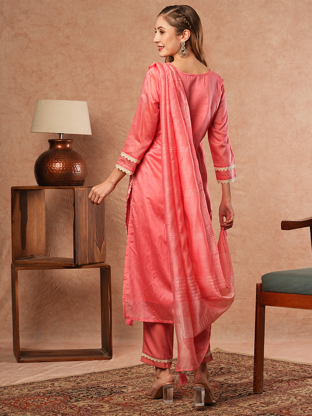 Solid Floral Chikankari Embroidered Kurta with Pant & Dupatta - Pink