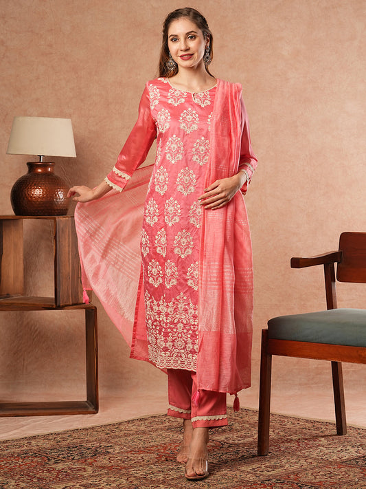 Solid Floral Chikankari Embroidered Kurta with Pant & Dupatta - Pink