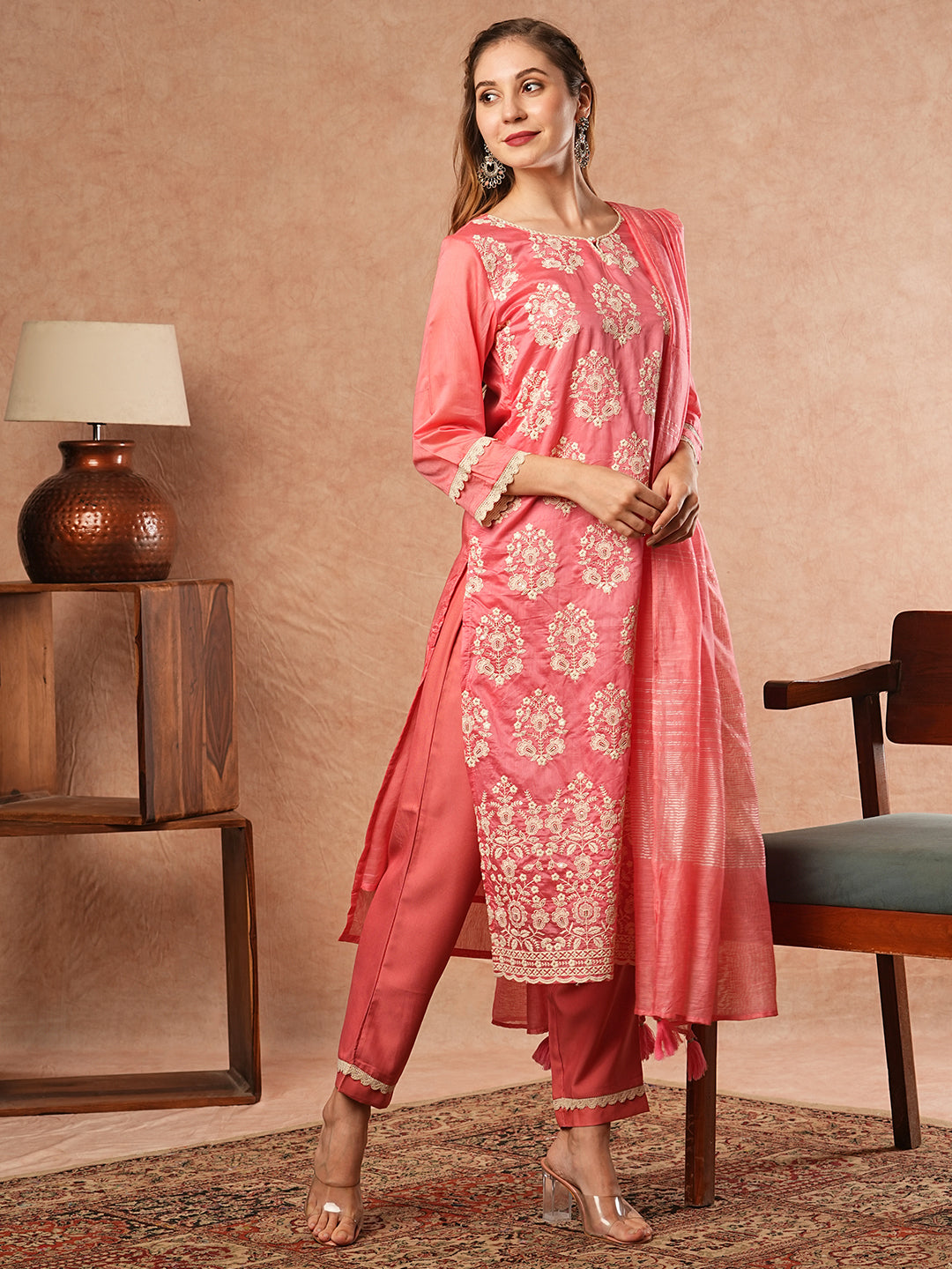 Solid Floral Chikankari Embroidered Kurta with Pant & Dupatta - Pink