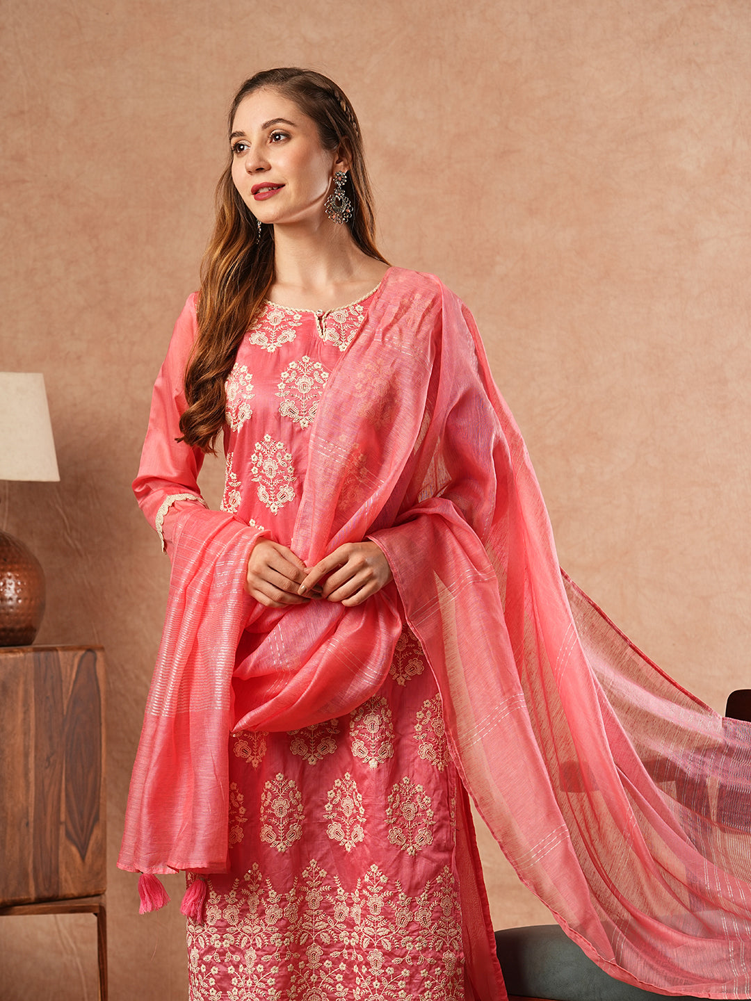 Solid Floral Chikankari Embroidered Kurta with Pant & Dupatta - Pink