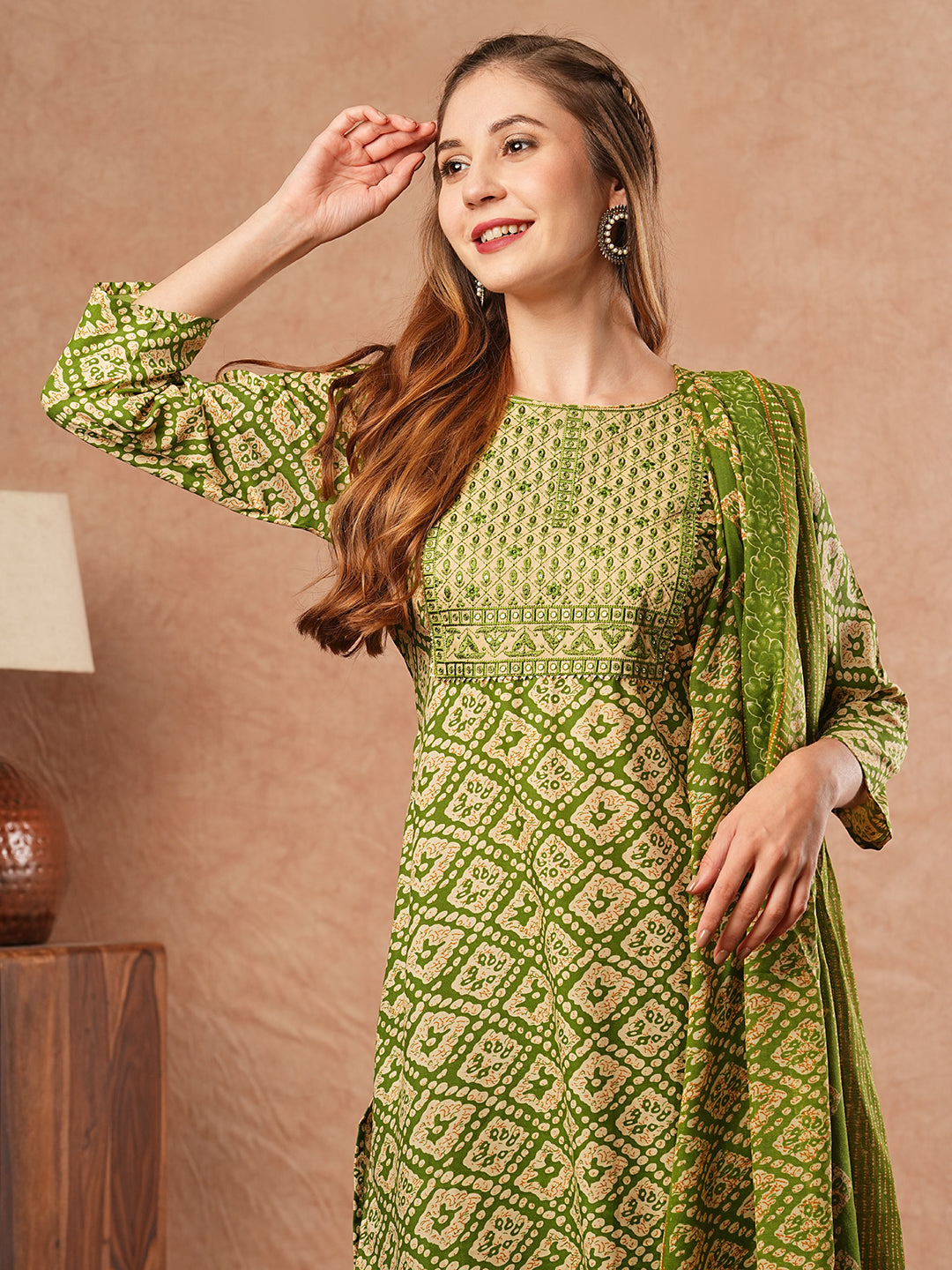 Abstract Printed Resham & Sequins Embroidered Kurta with Pants & Dupatta - Green