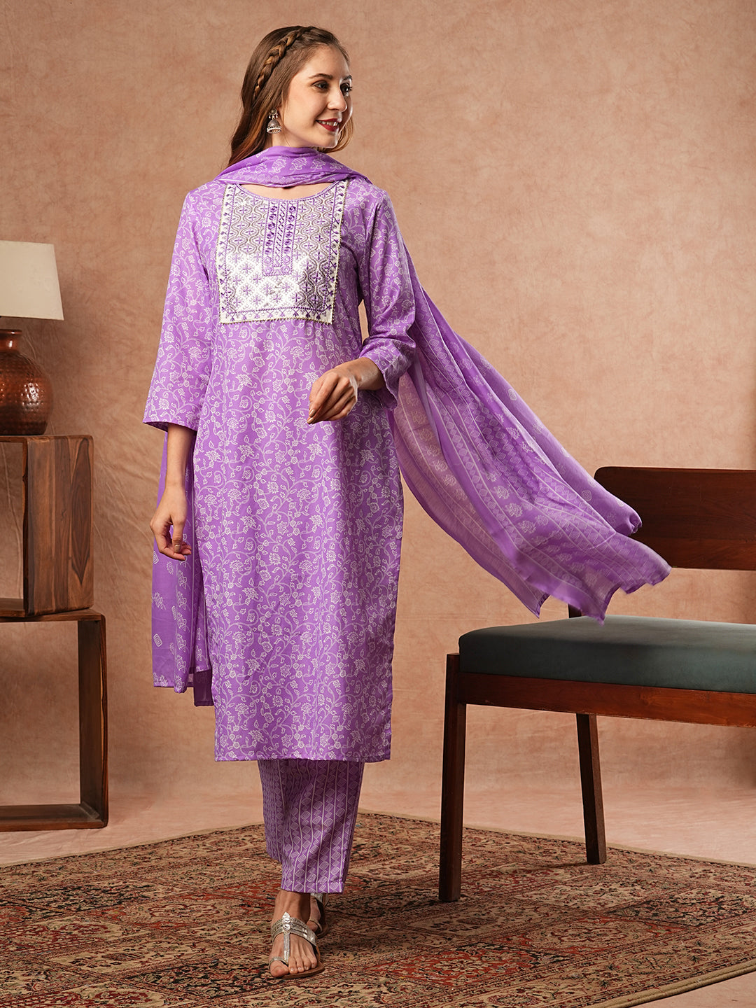 Floral Printed Resham & Sequins Embroidered Kurta with Pants & Dupatta - Purple