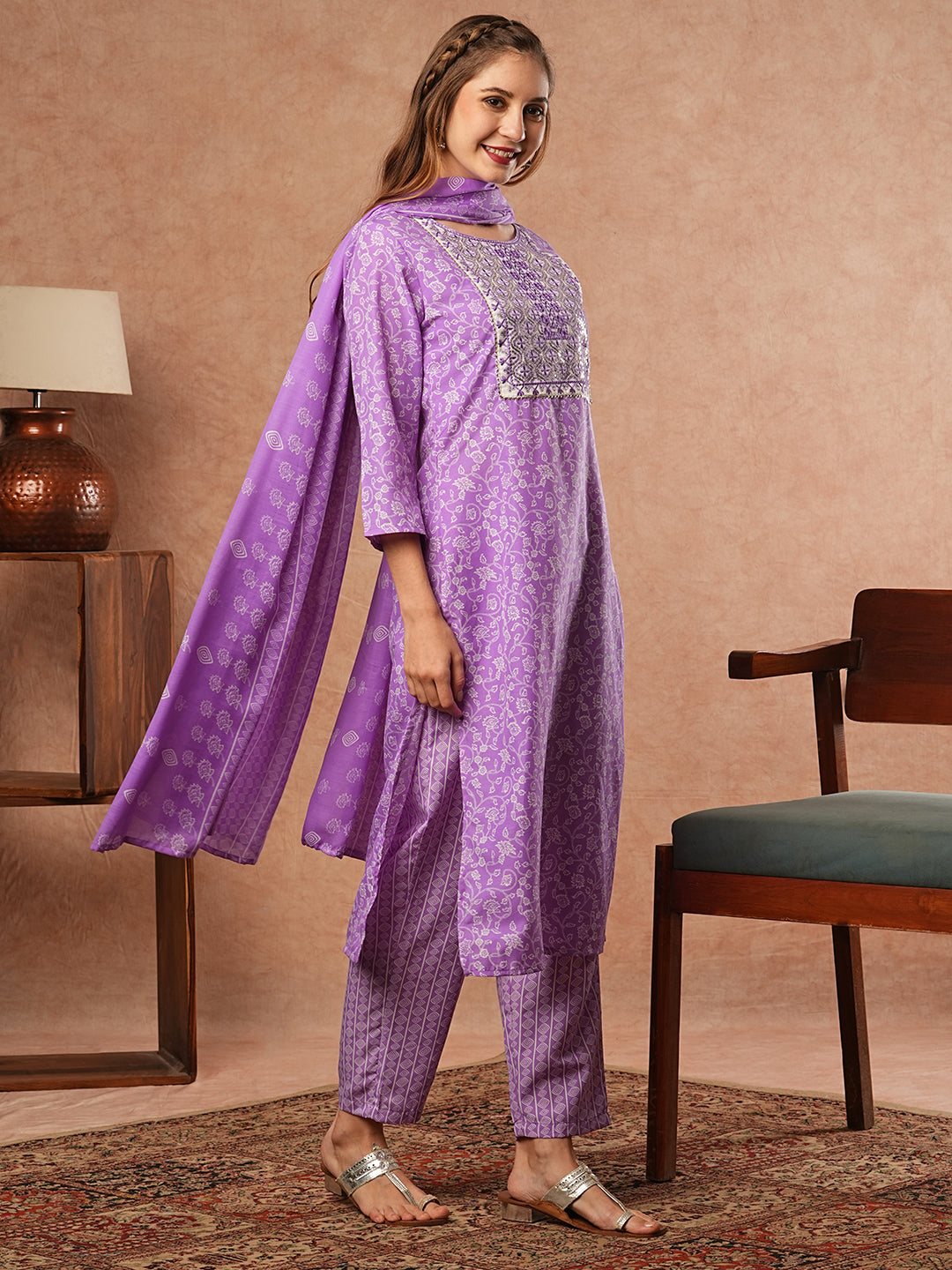 Floral Printed Resham & Sequins Embroidered Kurta with Pants & Dupatta - Purple