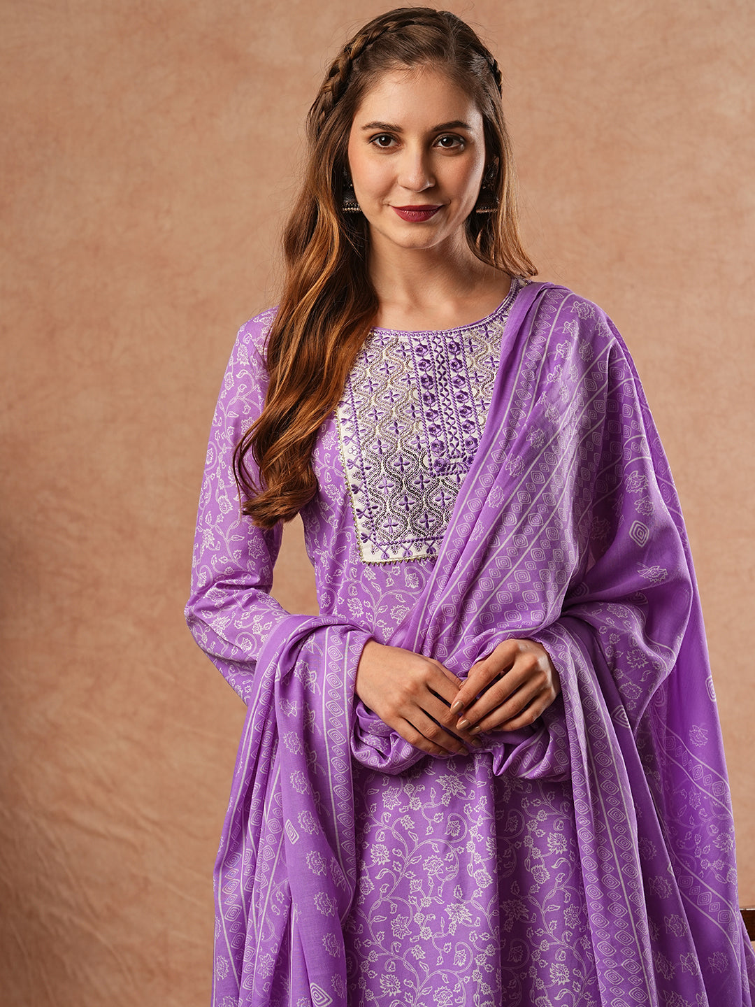 Floral Printed Resham & Sequins Embroidered Kurta with Pants & Dupatta - Purple