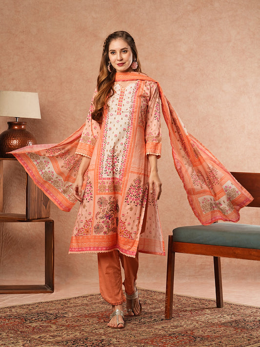 Floral Printed Mirror & Zari Embroidered Kurta with Pants & Dupatta - Peach