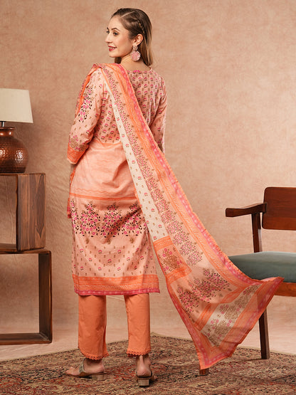 Floral Printed Mirror & Zari Embroidered Kurta with Pants & Dupatta - Peach