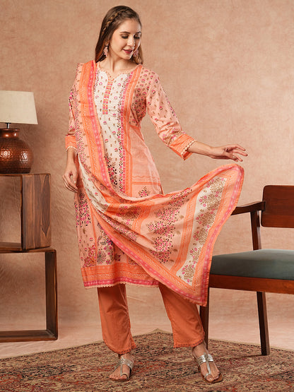 Floral Printed Mirror & Zari Embroidered Kurta with Pants & Dupatta - Peach