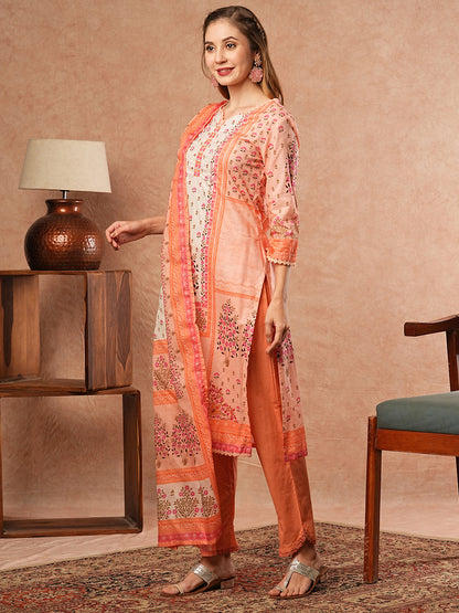 Floral Printed Mirror & Zari Embroidered Kurta with Pants & Dupatta - Peach