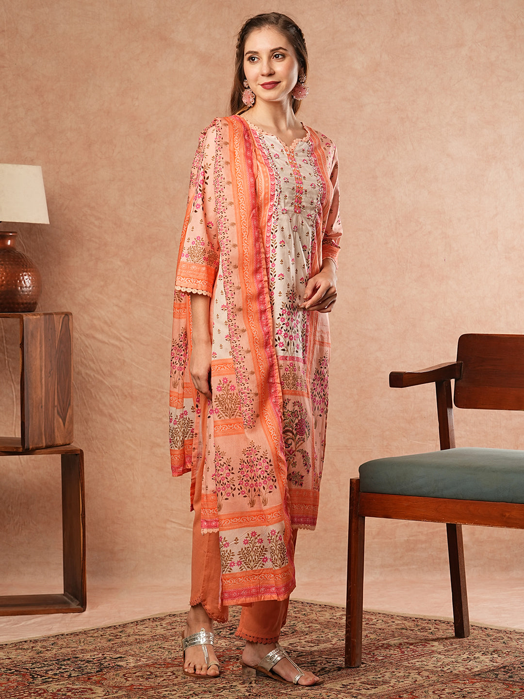 Floral Printed Mirror & Zari Embroidered Kurta with Pants & Dupatta - Peach