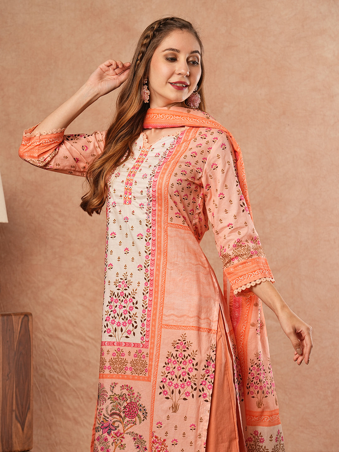 Floral Printed Mirror & Zari Embroidered Kurta with Pants & Dupatta - Peach