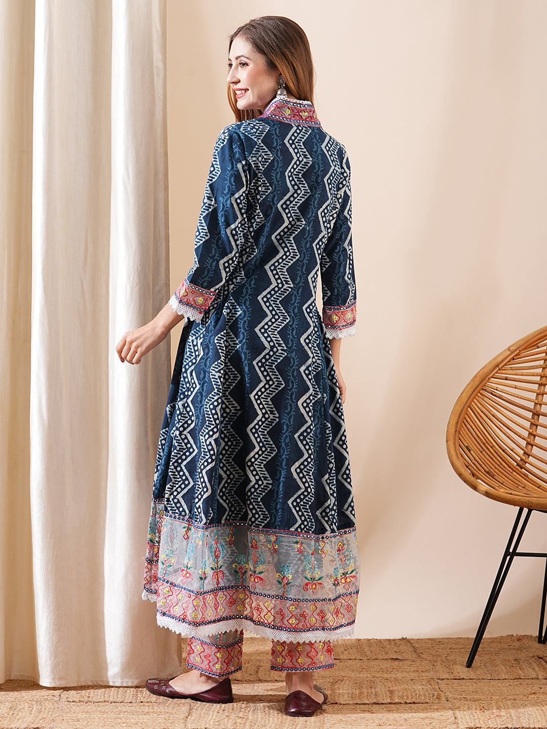 Ethnic Printed & Embroidered Anarkali Kurta with Pant - Blue