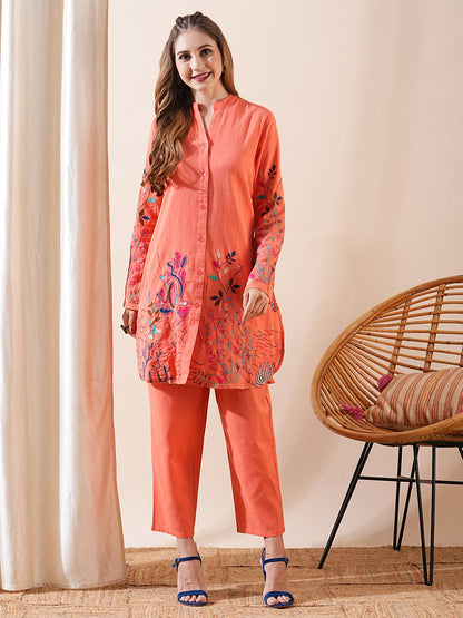 Solid Resham Embroidered A-line Kurti with Pants Co-ord Set - Peach Orange