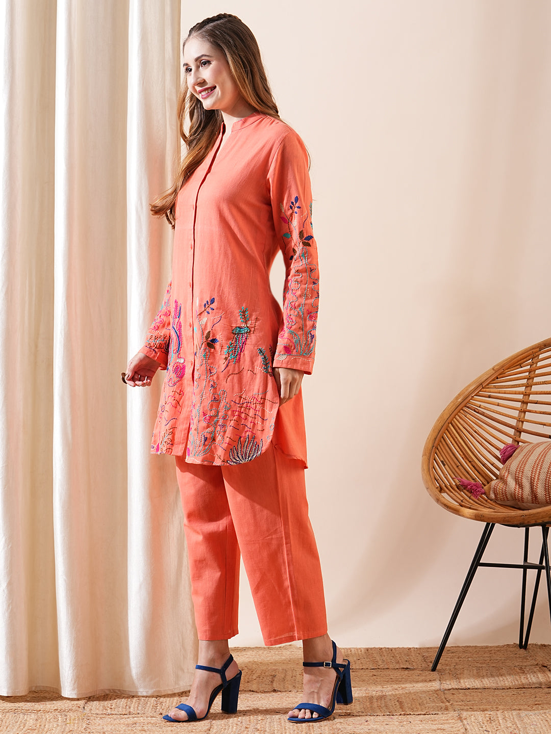 Solid Resham Embroidered A-line Kurti with Pants Co-ord Set - Peach Orange