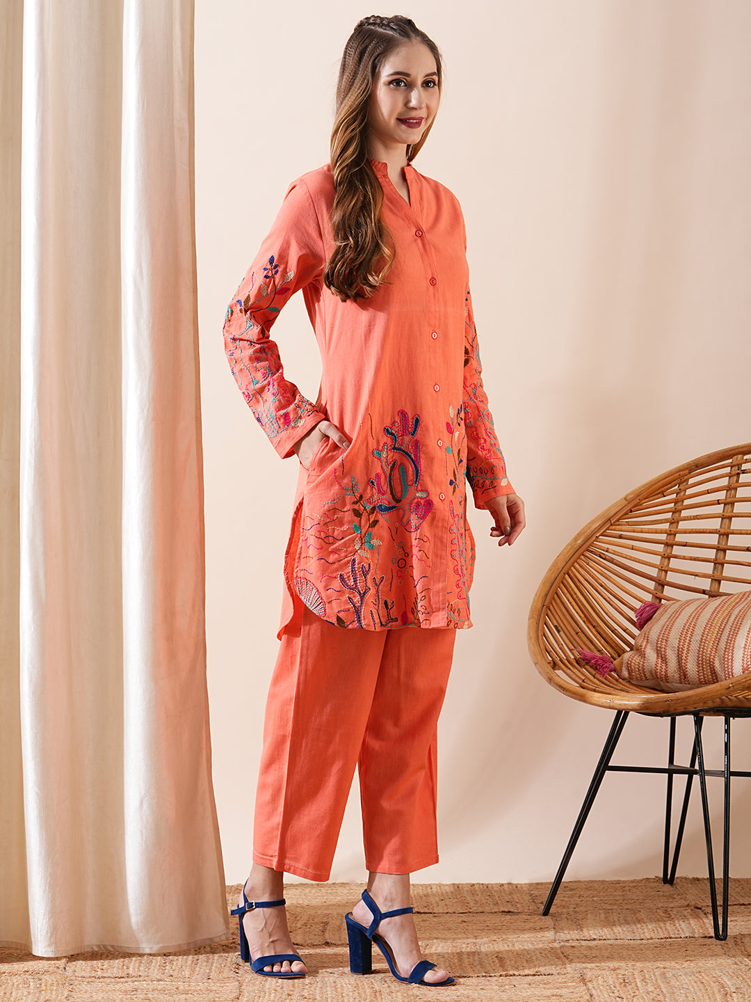 Solid Resham Embroidered A-line Kurti with Pants Co-ord Set - Peach Orange