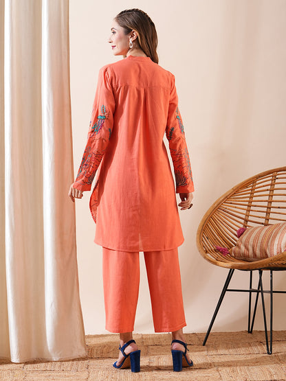 Solid Resham Embroidered A-line Kurti with Pants Co-ord Set - Peach Orange