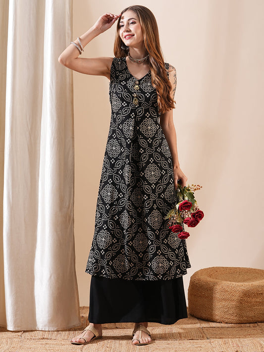 Bandhani Printed A-Line Flared Kurta with Palazzo - Black