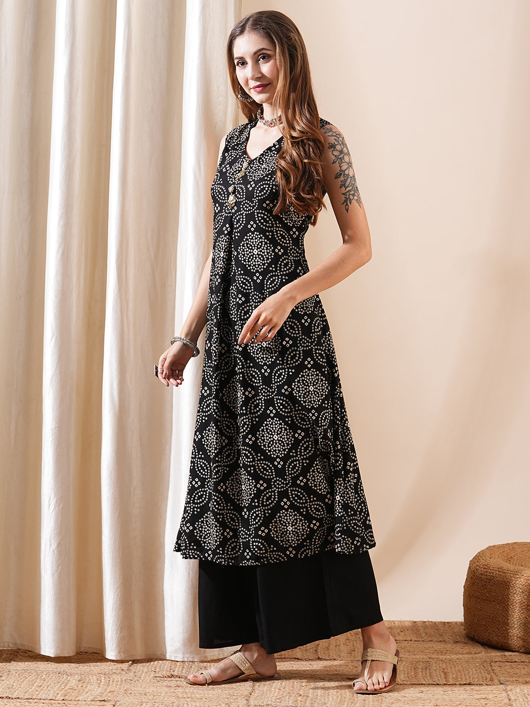 Bandhani Printed A-Line Flared Kurta with Palazzo - Black