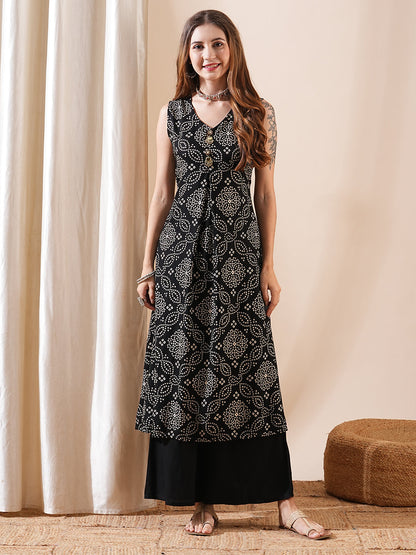 Bandhani Printed A-Line Flared Kurta with Palazzo - Black