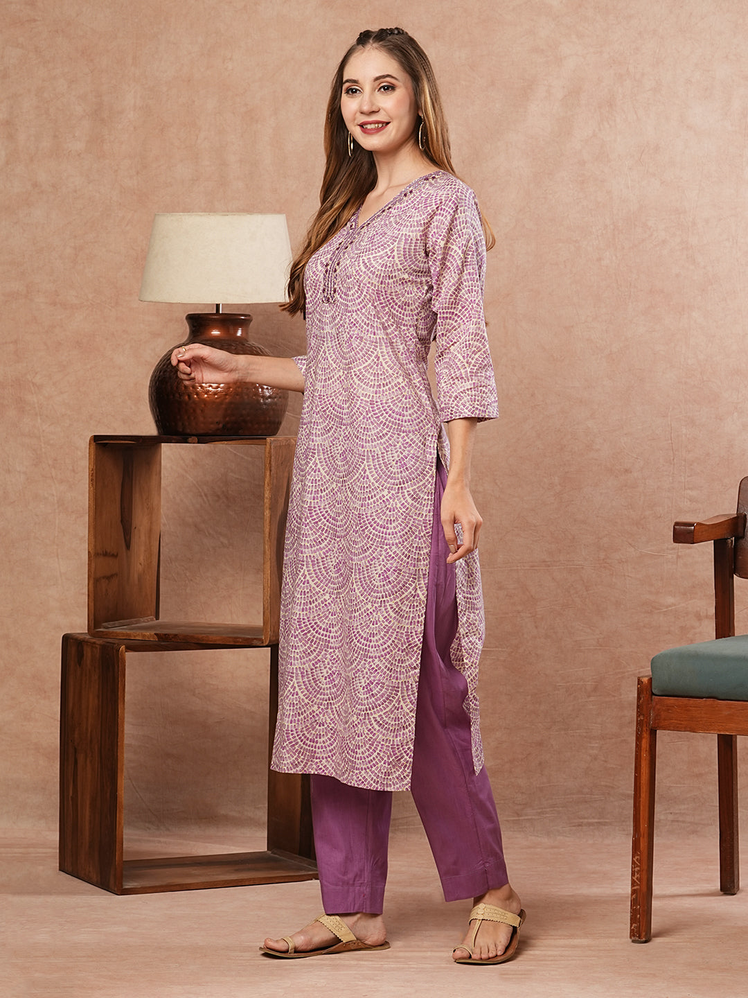 Abstract Printed Mirror, Dabka & Resham Embroidered Kurta with Pants - Purple