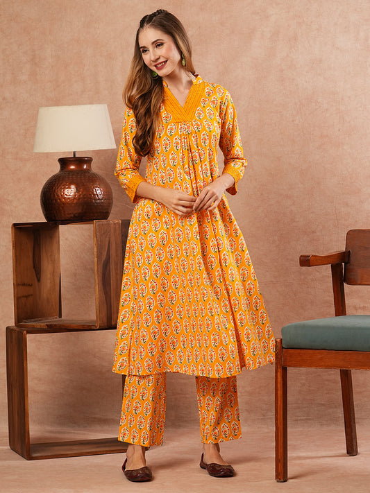 Ethnic Block Printed & Kantha Work A-Line Pleated Kurta with Pant - Yellow