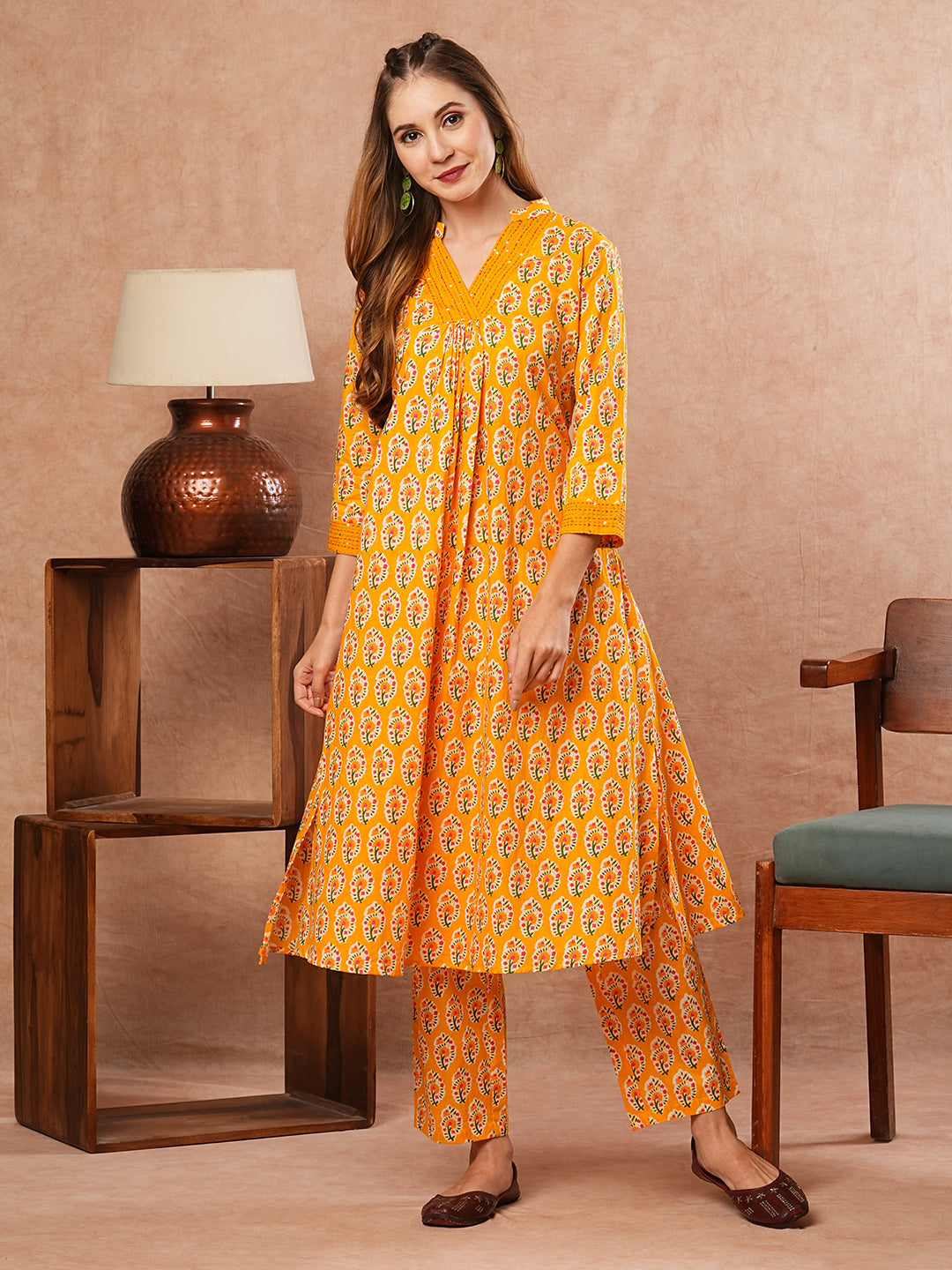 Ethnic Block Printed & Kantha Work A-Line Pleated Kurta with Pant - Yellow