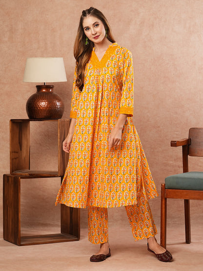 Ethnic Block Printed & Kantha Work A-Line Pleated Kurta with Pant - Yellow