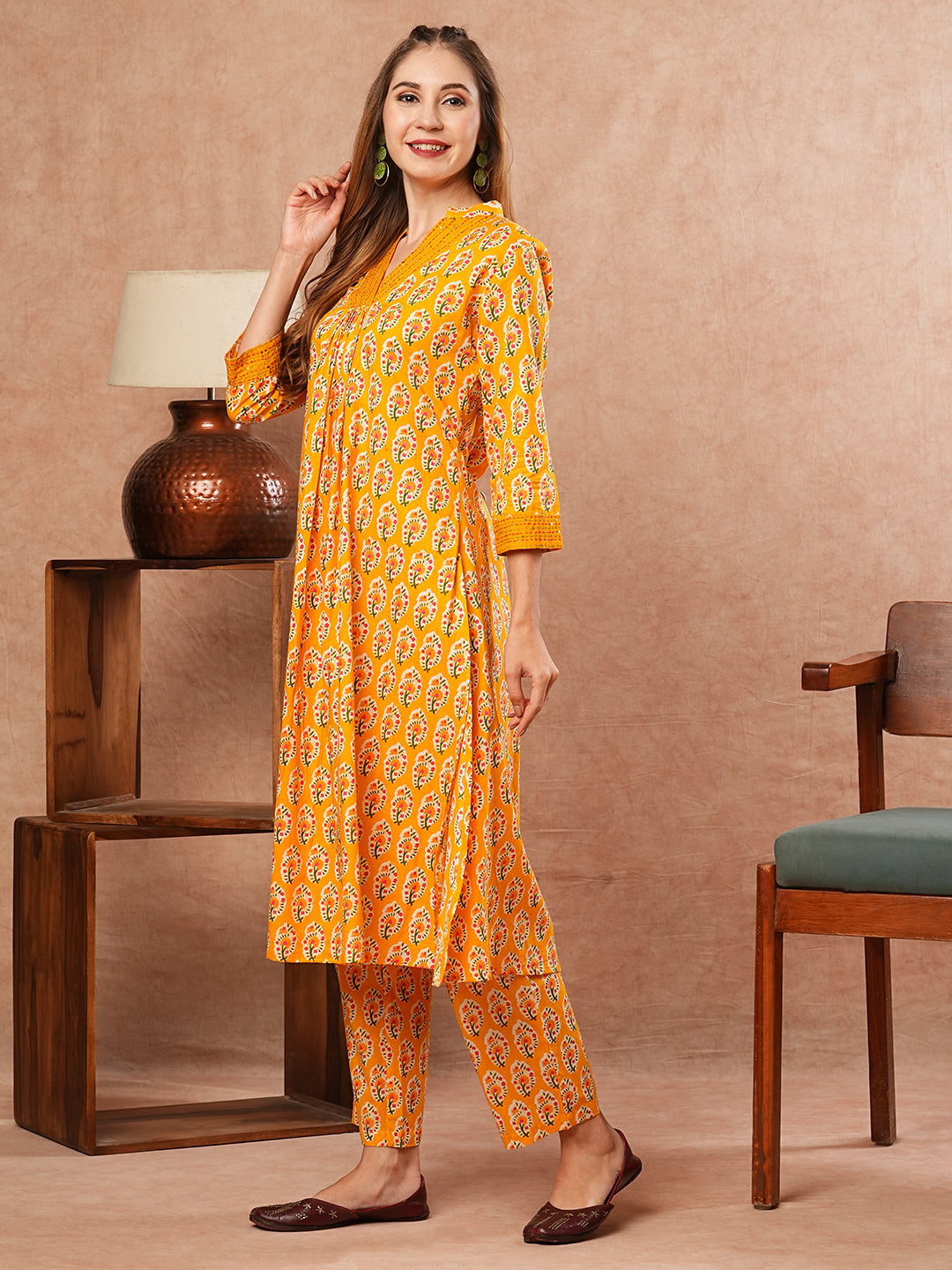 Ethnic Block Printed & Kantha Work A-Line Pleated Kurta with Pant - Yellow