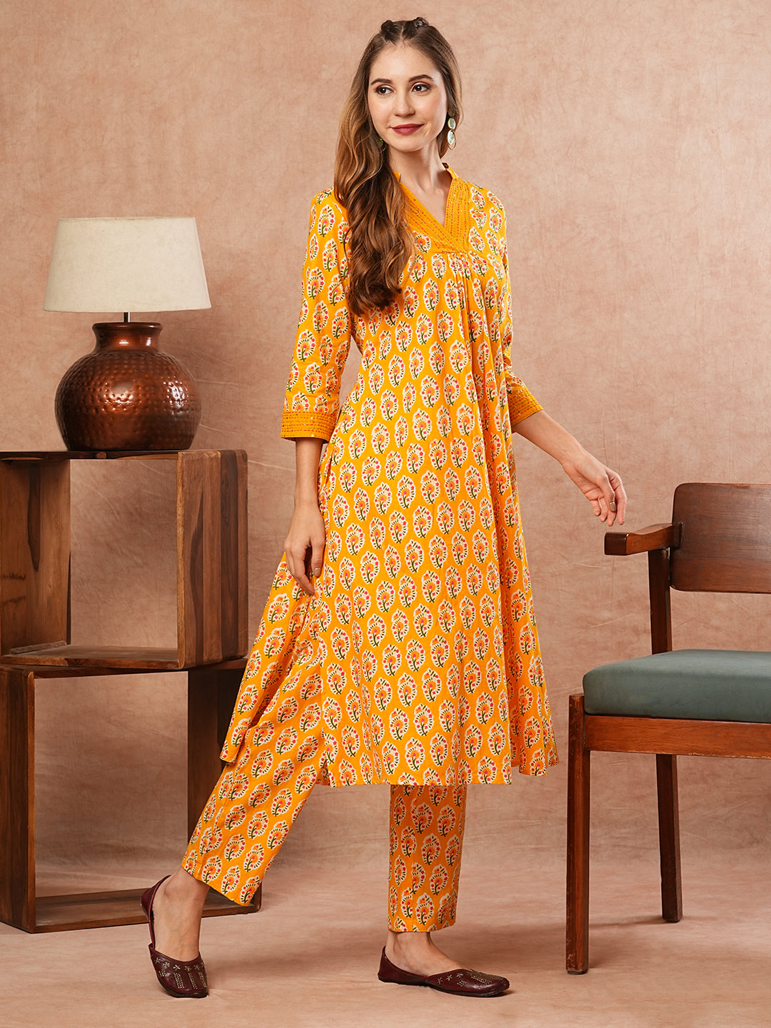 Ethnic Block Printed & Kantha Work A-Line Pleated Kurta with Pant - Yellow