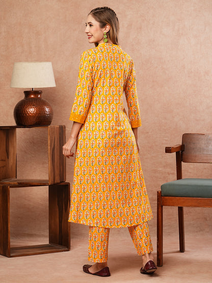 Ethnic Block Printed & Kantha Work A-Line Pleated Kurta with Pant - Yellow