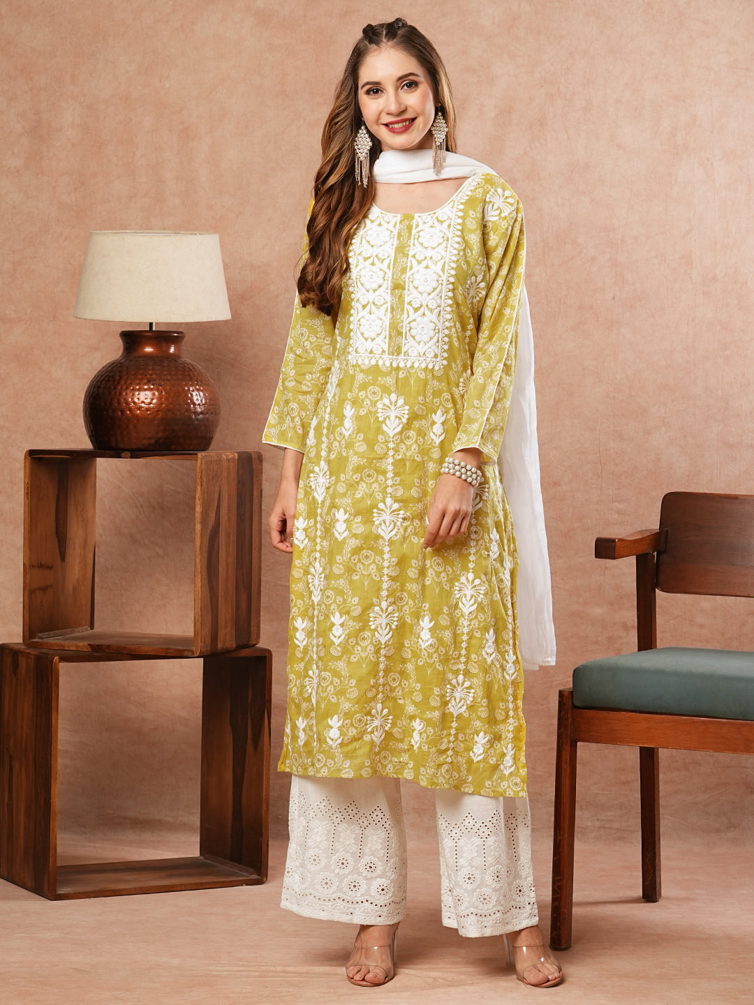 Floral Printed Resham Embroidered Mul-Cotton Kurta with Palazzo & Dupatta - Yellow