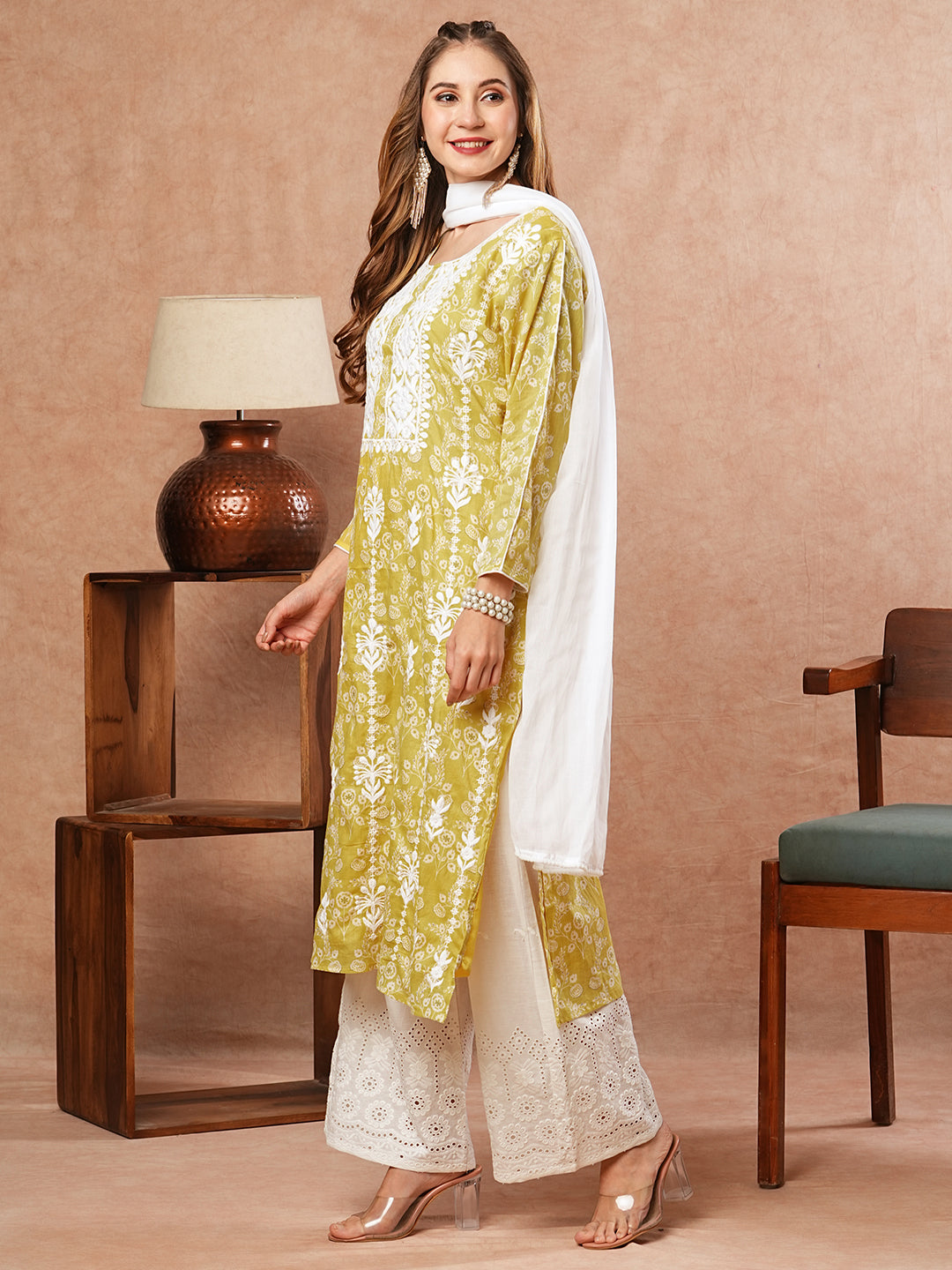 Floral Printed Resham Embroidered Mul-Cotton Kurta with Palazzo & Dupatta - Yellow