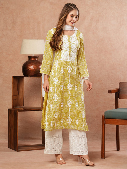 Floral Printed Resham Embroidered Mul-Cotton Kurta with Palazzo & Dupatta - Yellow