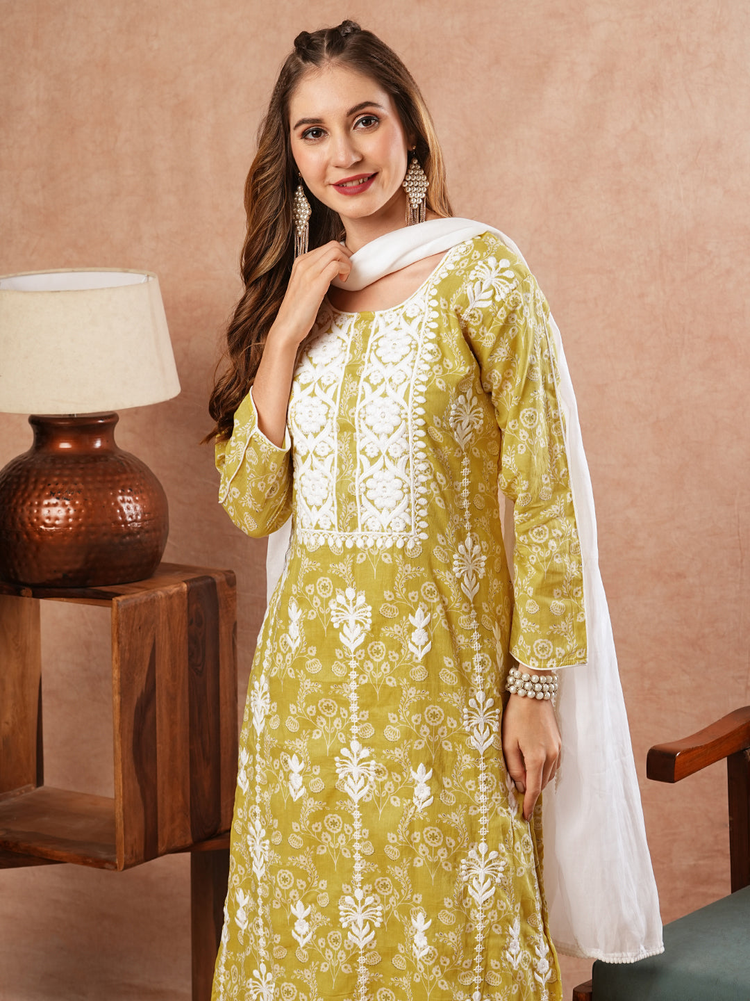 Floral Printed Resham Embroidered Mul-Cotton Kurta with Palazzo & Dupatta - Yellow