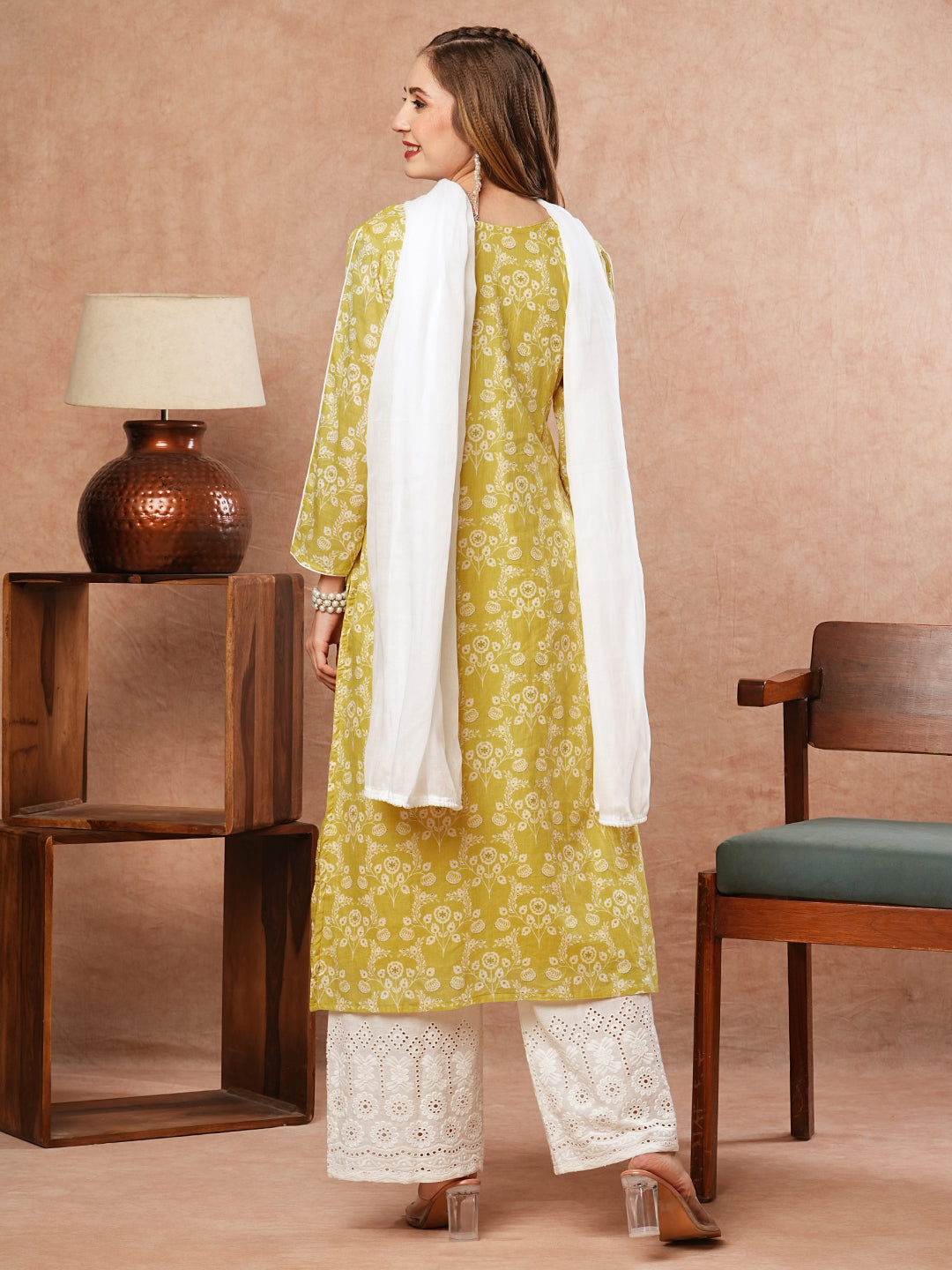 Floral Printed Resham Embroidered Mul-Cotton Kurta with Palazzo & Dupatta - Yellow