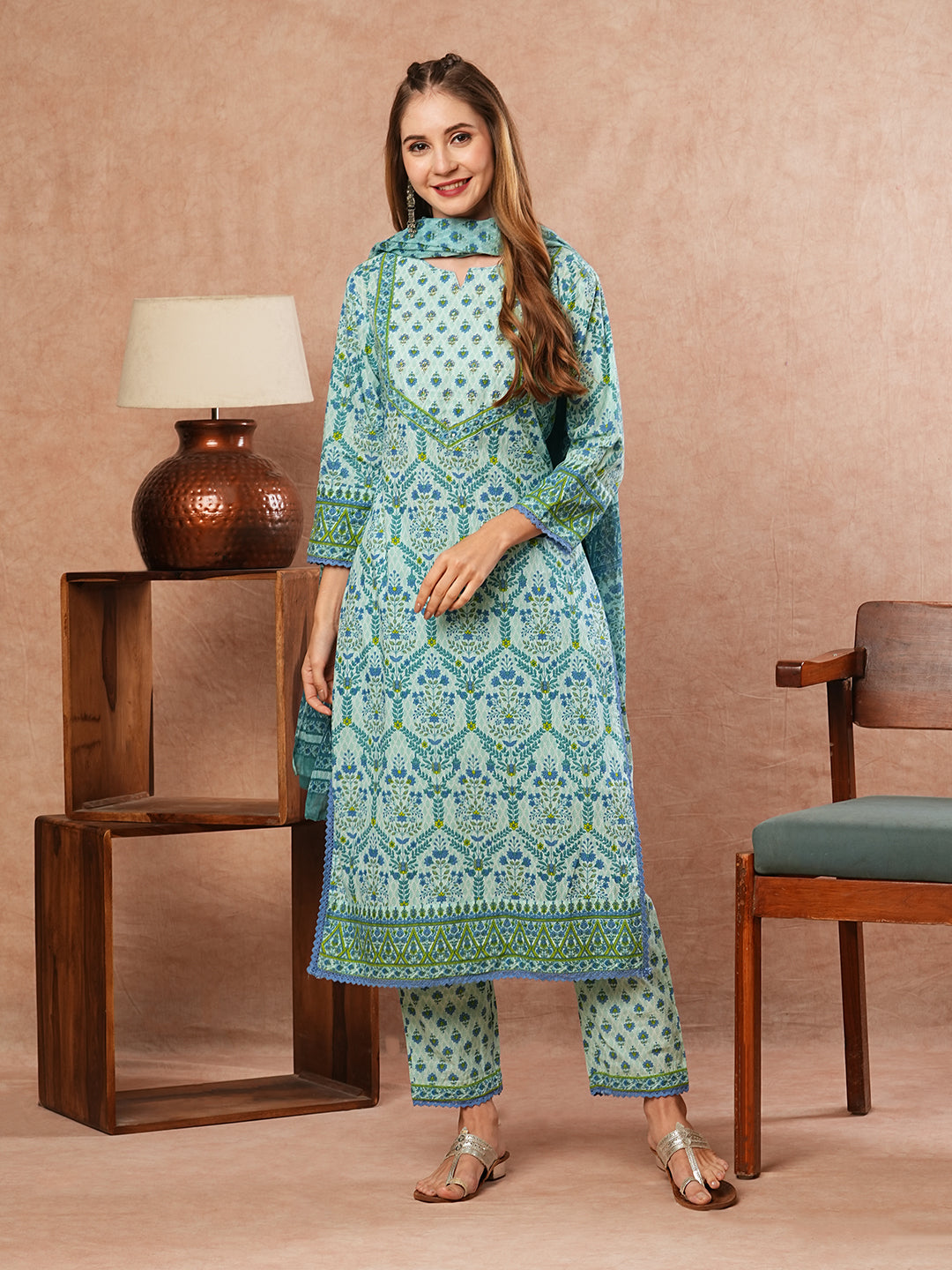 Floral Printed Sequins & Zari Embroidered Kurta with Pants & Dupatta - Blue