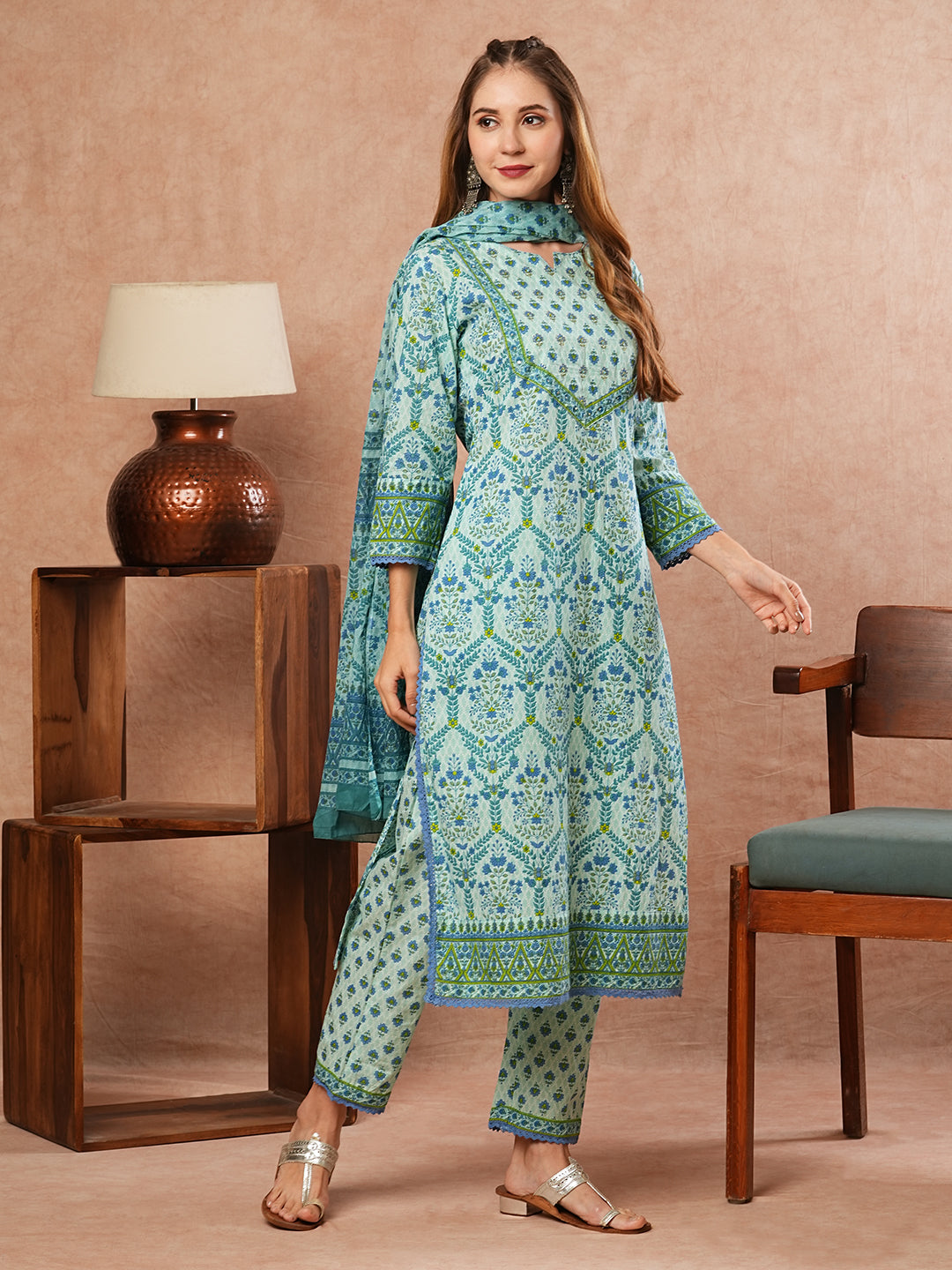 Floral Printed Sequins & Zari Embroidered Kurta with Pants & Dupatta - Blue