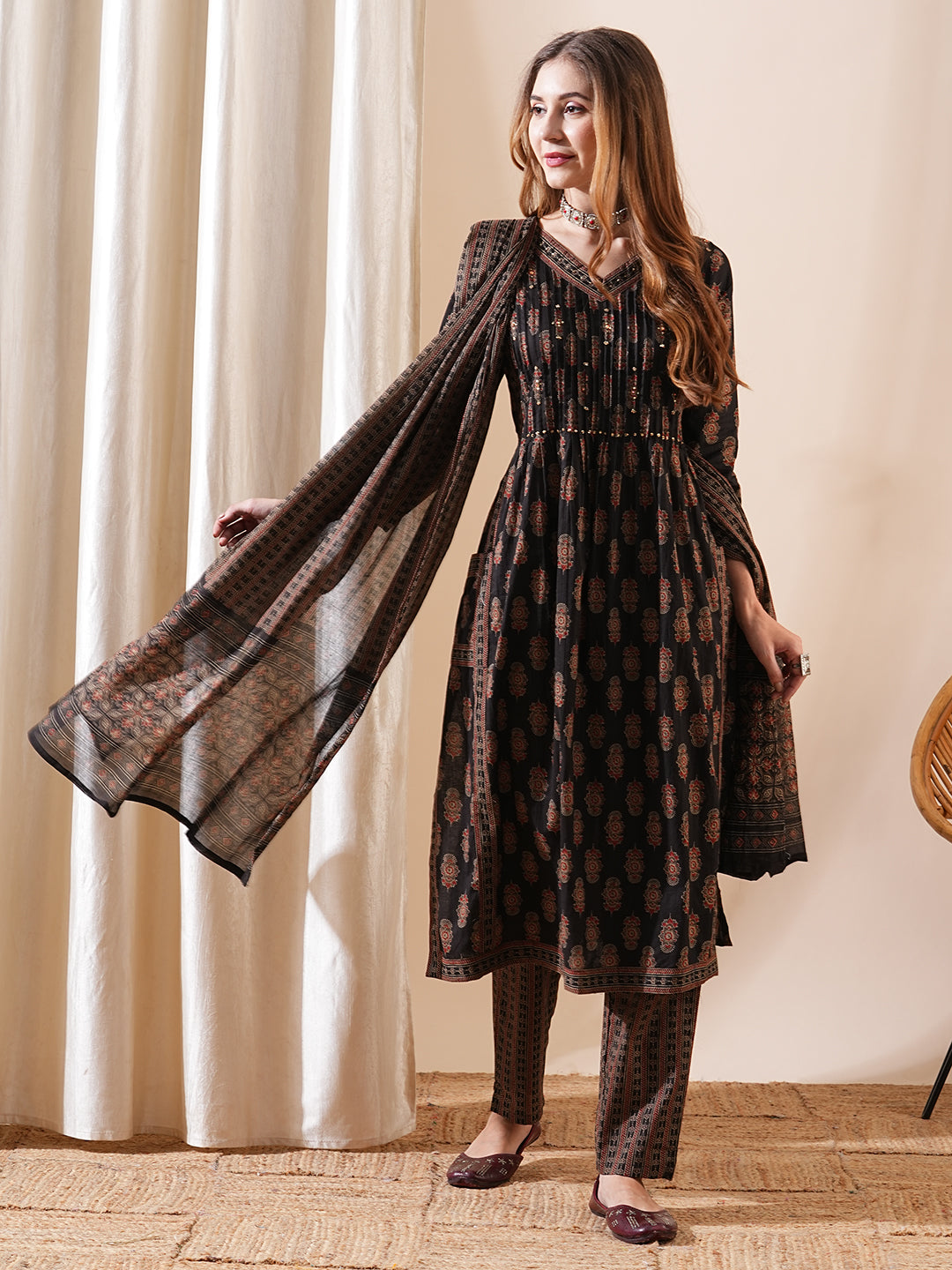 Block Printed Beads & Sequins Embellished Kurta with Pants & Dupatta - Coffee Brown