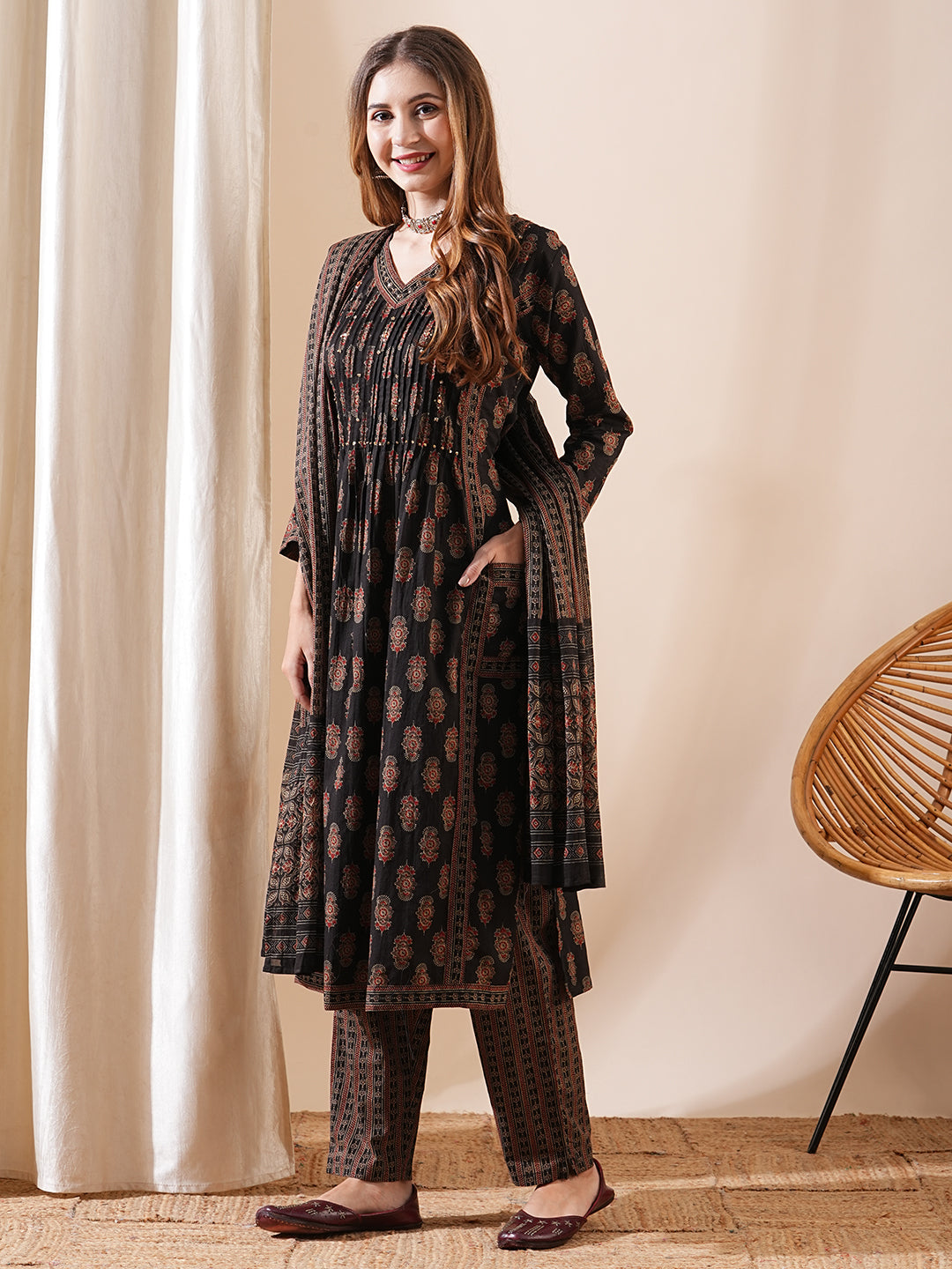 Block Printed Beads & Sequins Embellished Kurta with Pants & Dupatta - Coffee Brown