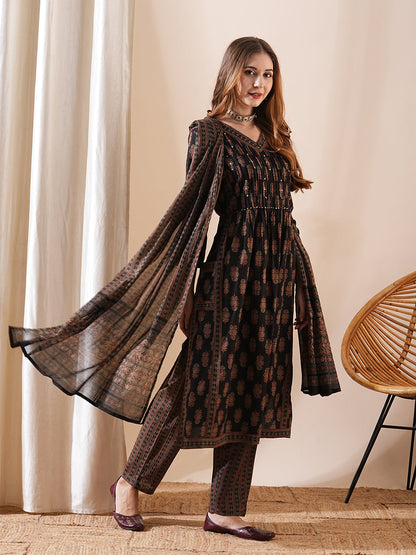 Block Printed Beads & Sequins Embellished Kurta with Pants & Dupatta - Coffee Brown