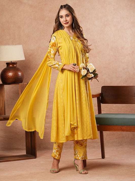 Floral Printed Sequins & Beads Embellished Paneled Kurta with Pants & Dupatta - Yellow