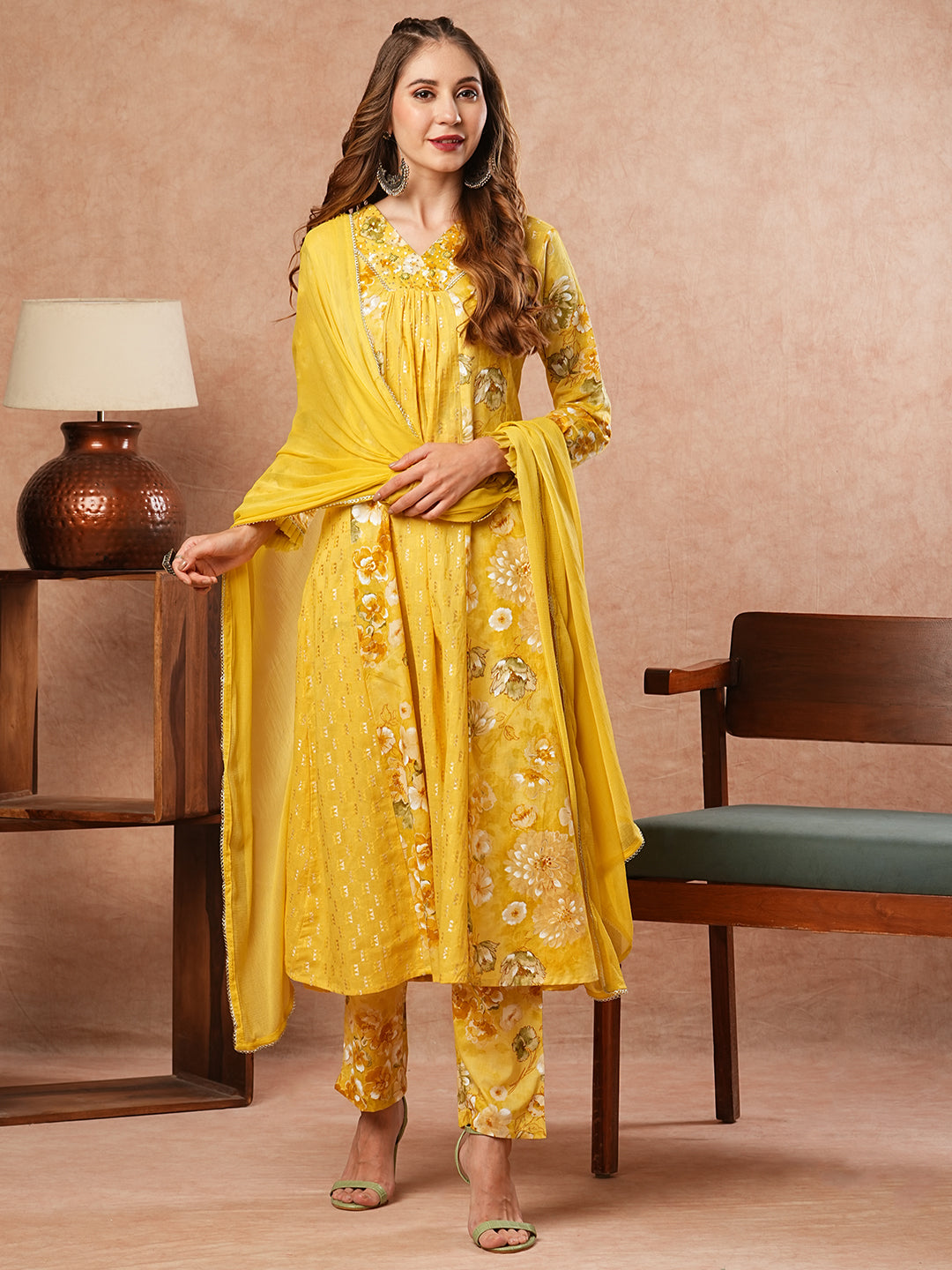 Floral Printed Sequins & Beads Embellished Paneled Kurta with Pants & Dupatta - Yellow