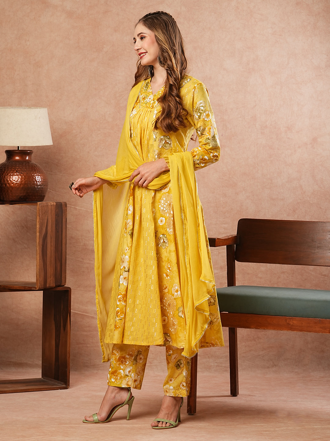 Floral Printed Sequins & Beads Embellished Paneled Kurta with Pants & Dupatta - Yellow