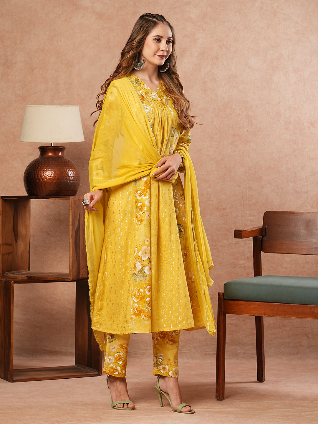 Floral Printed Sequins & Beads Embellished Paneled Kurta with Pants & Dupatta - Yellow